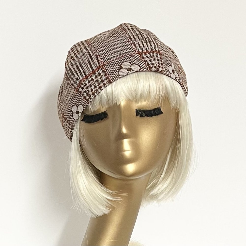 Brown floral plaid fabric beret hat